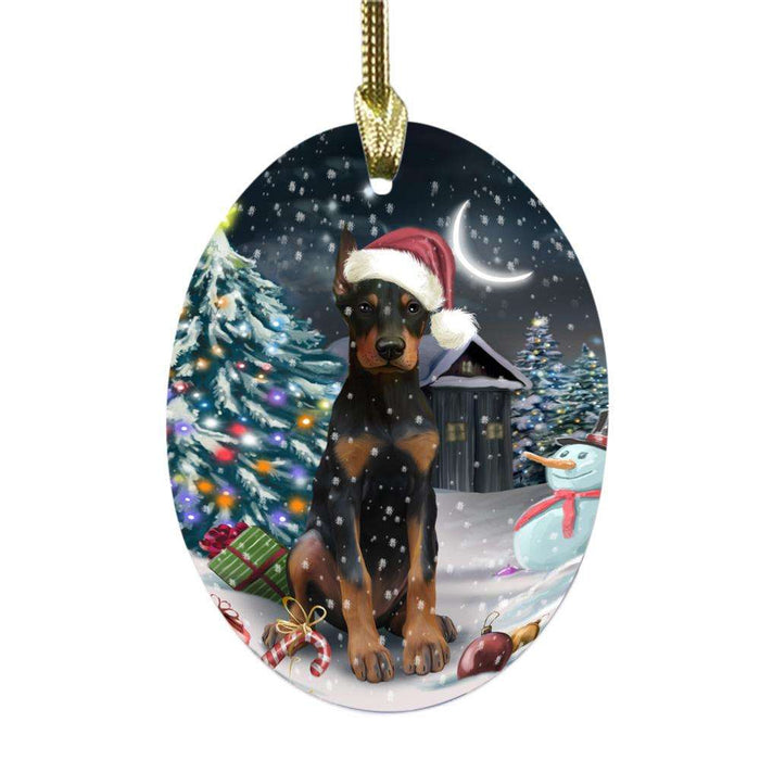 Have a Holly Jolly Christmas Happy Holidays Doberman Pincher Dog Oval Glass Christmas Ornament OGOR48155