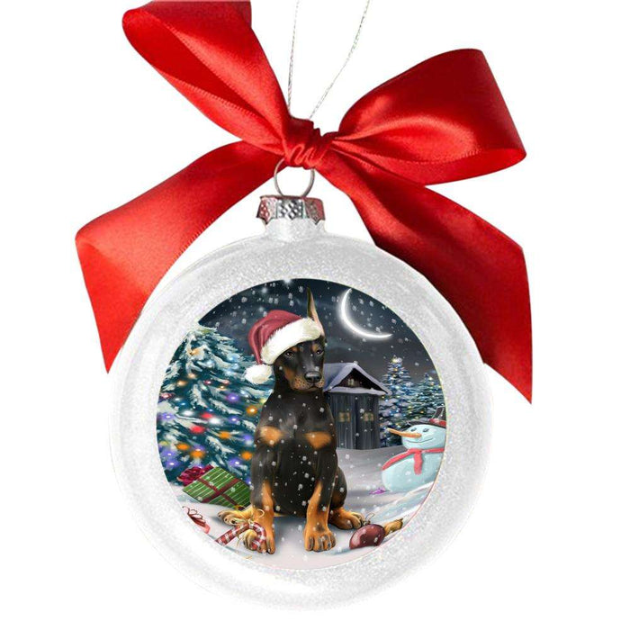 Have a Holly Jolly Christmas Happy Holidays Doberman Pincher Dog White Round Ball Christmas Ornament WBSOR48152