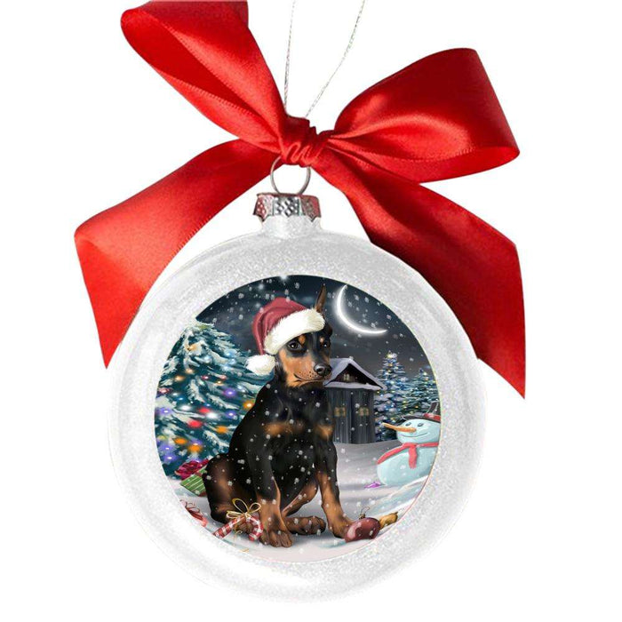 Have a Holly Jolly Christmas Happy Holidays Doberman Pincher Dog White Round Ball Christmas Ornament WBSOR48153