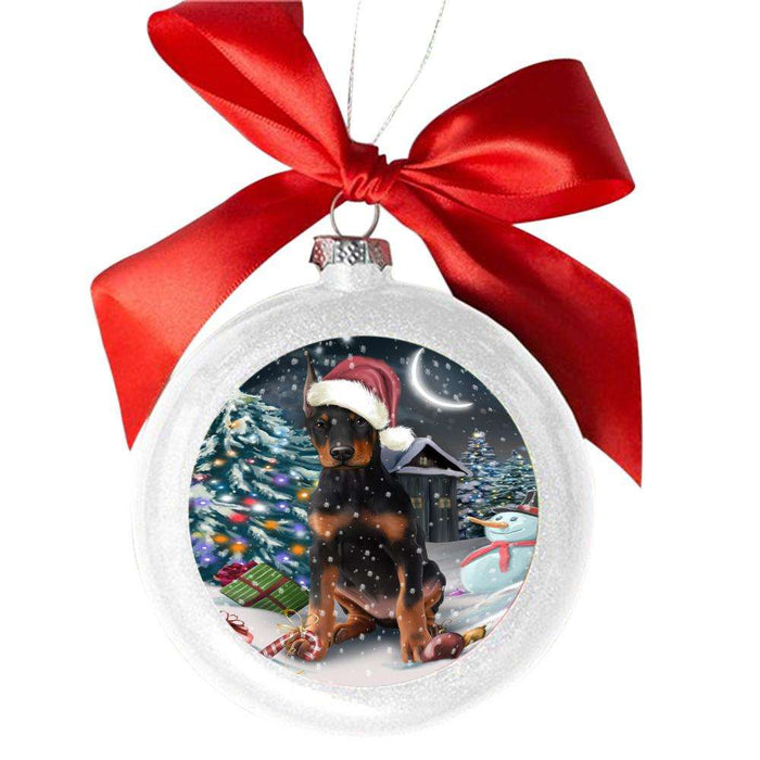 Have a Holly Jolly Christmas Happy Holidays Doberman Pincher Dog White Round Ball Christmas Ornament WBSOR48154