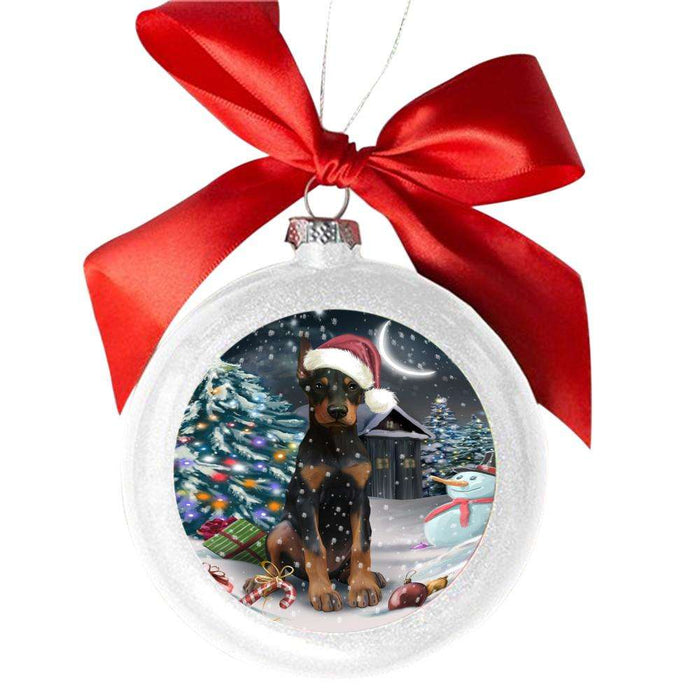 Have a Holly Jolly Christmas Happy Holidays Doberman Pincher Dog White Round Ball Christmas Ornament WBSOR48155
