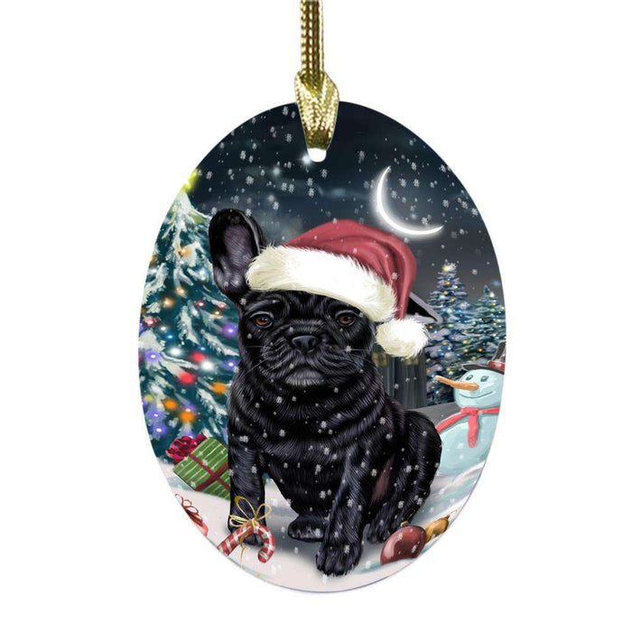 Have a Holly Jolly Christmas Happy Holidays French Bulldog Oval Glass Christmas Ornament OGOR48273