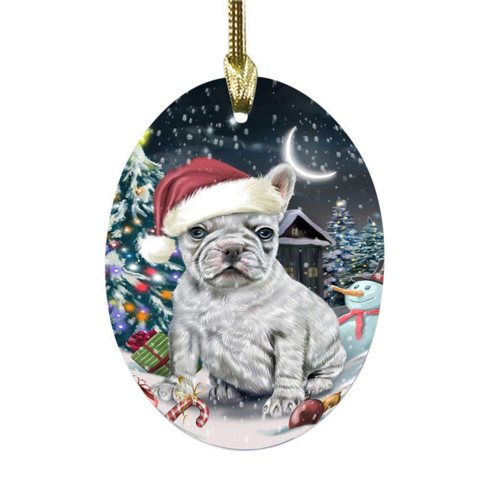 Have a Holly Jolly Christmas Happy Holidays French Bulldog Oval Glass Christmas Ornament OGOR48274