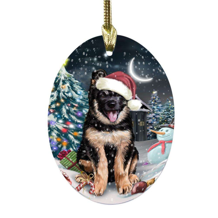 Have a Holly Jolly Christmas Happy Holidays German Shepherd Dog Oval Glass Christmas Ornament OGOR48277