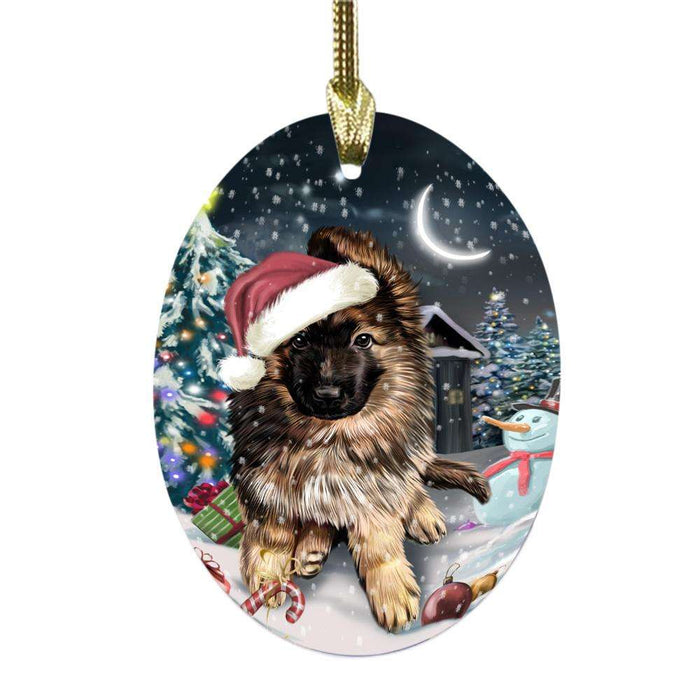 Have a Holly Jolly Christmas Happy Holidays German Shepherd Dog Oval Glass Christmas Ornament OGOR48278