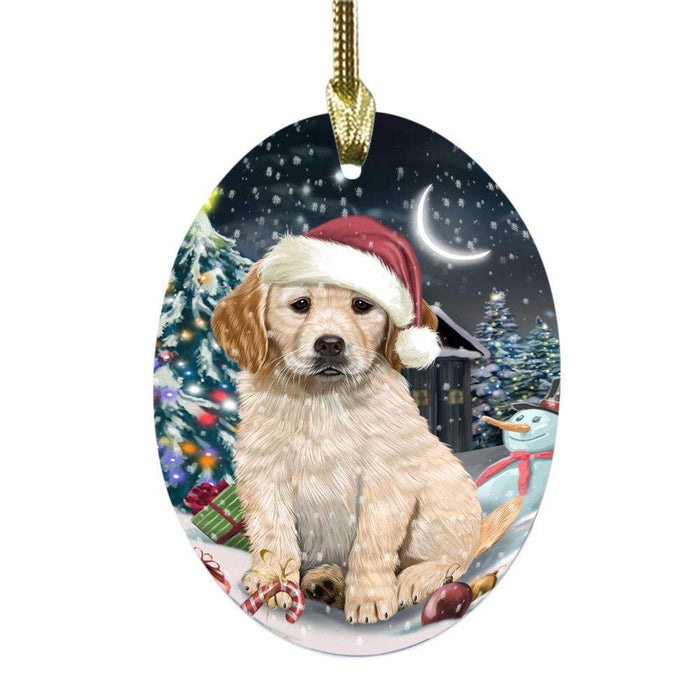Have a Holly Jolly Christmas Happy Holidays Golden Retriever Dog Oval Glass Christmas Ornament OGOR48280