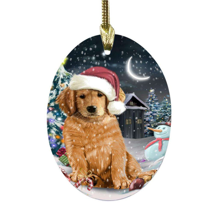 Have a Holly Jolly Christmas Happy Holidays Golden Retriever Dog Oval Glass Christmas Ornament OGOR48281