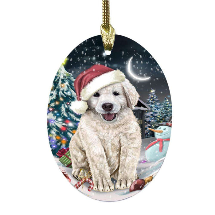 Have a Holly Jolly Christmas Happy Holidays Golden Retriever Dog Oval Glass Christmas Ornament OGOR48282