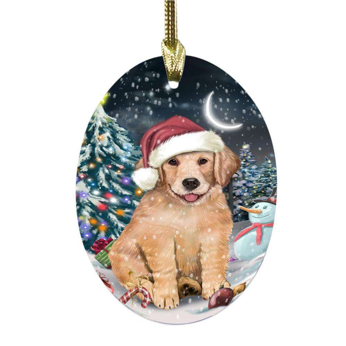 Have a Holly Jolly Christmas Happy Holidays Golden Retriever Dog Oval Glass Christmas Ornament OGOR48283