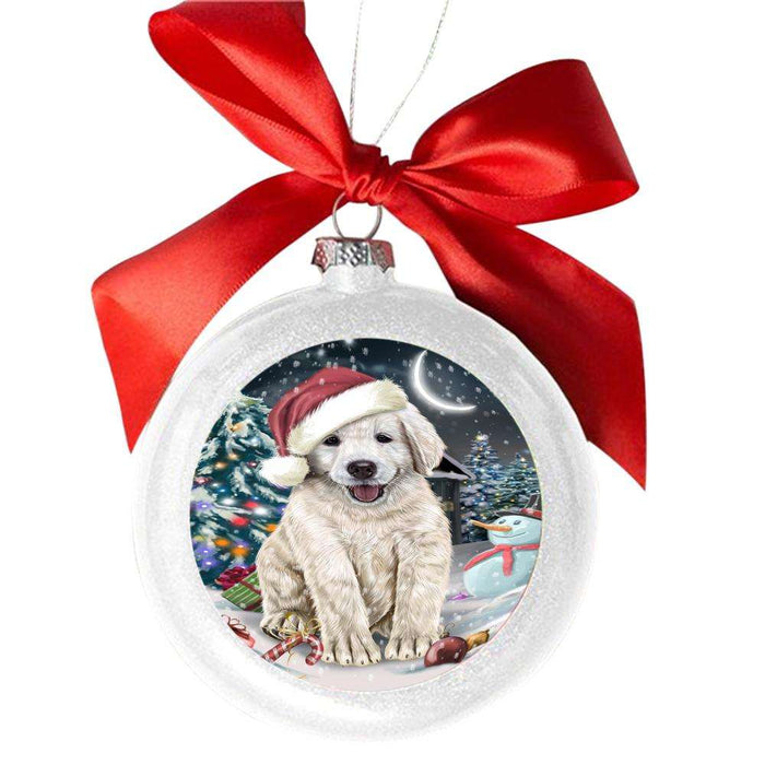 Have a Holly Jolly Christmas Happy Holidays Golden Retriever Dog White Round Ball Christmas Ornament WBSOR48282