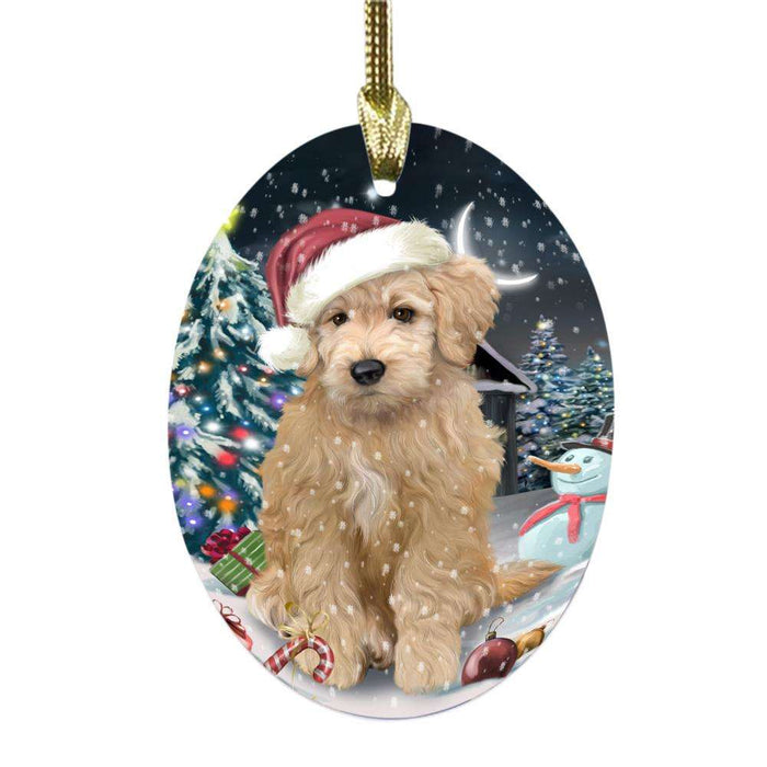 Have a Holly Jolly Christmas Happy Holidays Goldendoodle Dog Oval Glass Christmas Ornament OGOR48284