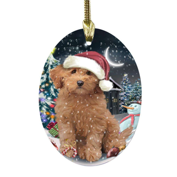 Have a Holly Jolly Christmas Happy Holidays Goldendoodle Dog Oval Glass Christmas Ornament OGOR48285