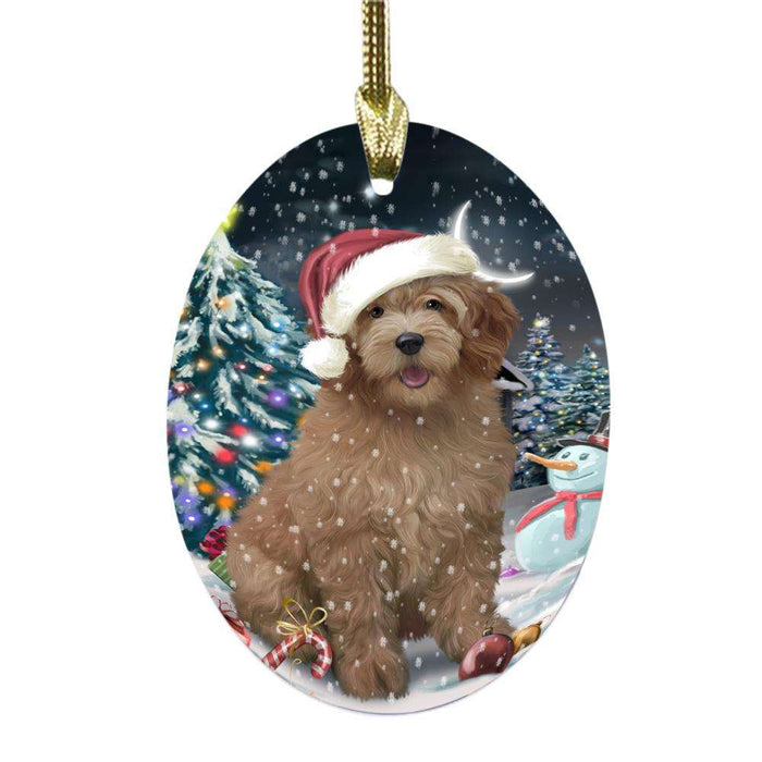 Have a Holly Jolly Christmas Happy Holidays Goldendoodle Dog Oval Glass Christmas Ornament OGOR48286