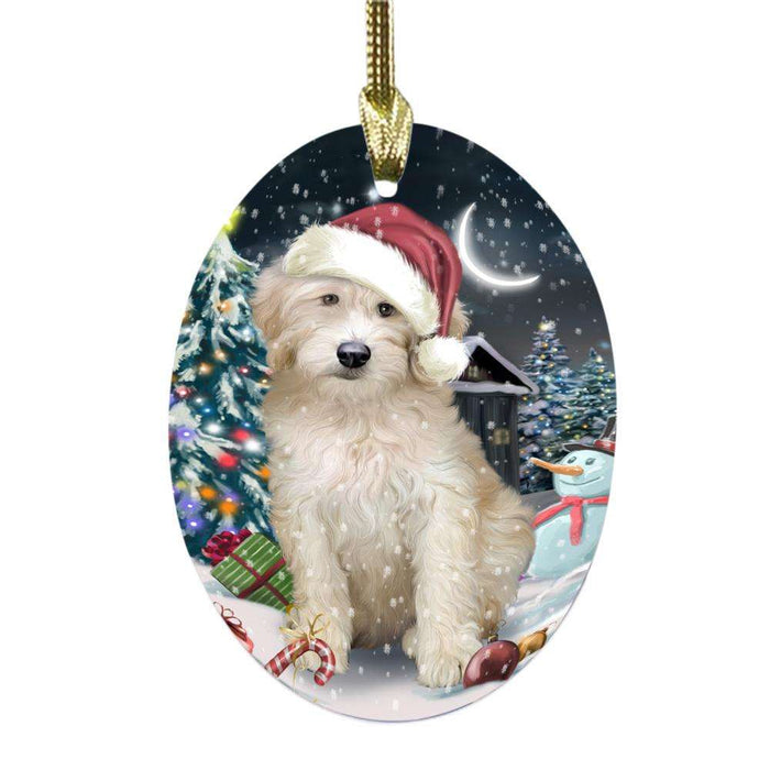 Have a Holly Jolly Christmas Happy Holidays Goldendoodle Dog Oval Glass Christmas Ornament OGOR48287