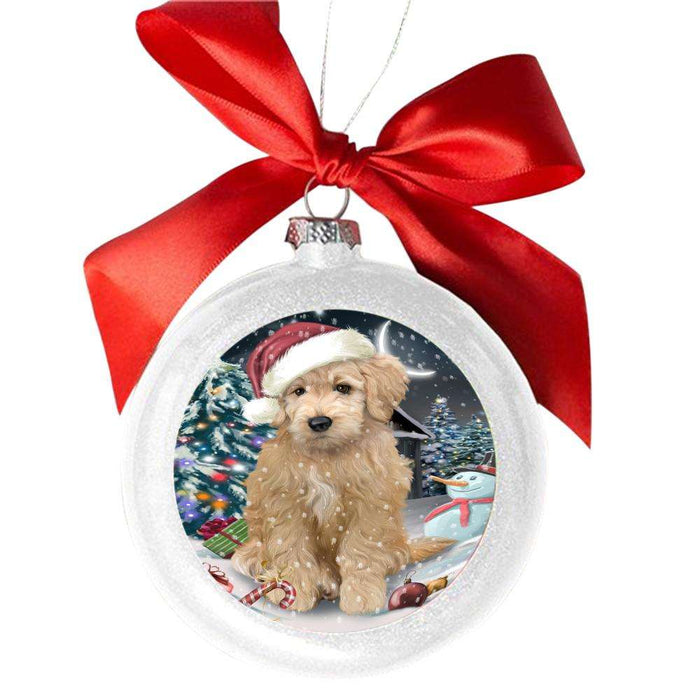 Have a Holly Jolly Christmas Happy Holidays Goldendoodle Dog White Round Ball Christmas Ornament WBSOR48284
