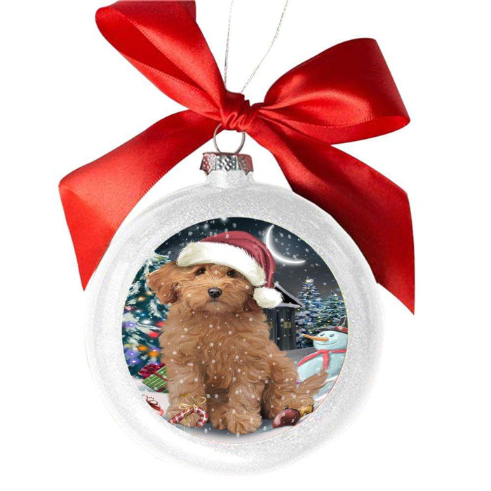 Have a Holly Jolly Christmas Happy Holidays Goldendoodle Dog White Round Ball Christmas Ornament WBSOR48285