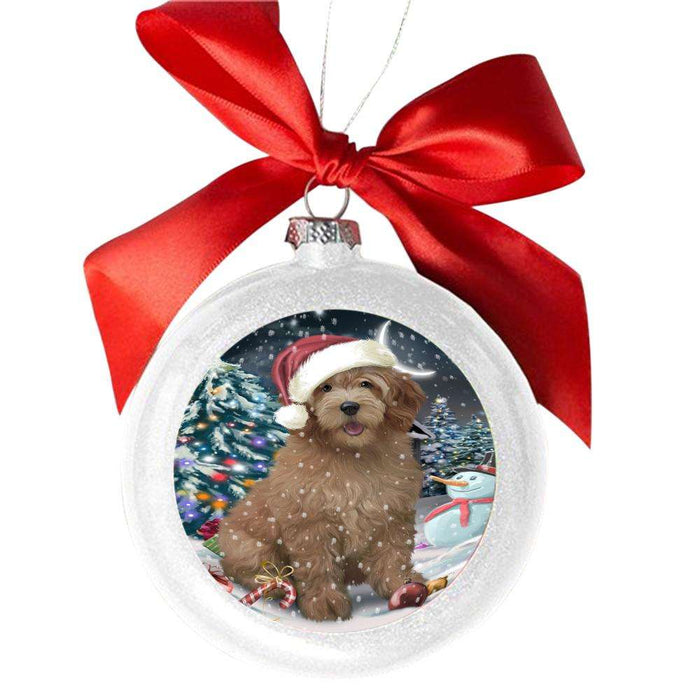 Have a Holly Jolly Christmas Happy Holidays Goldendoodle Dog White Round Ball Christmas Ornament WBSOR48286