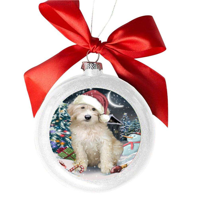 Have a Holly Jolly Christmas Happy Holidays Goldendoodle Dog White Round Ball Christmas Ornament WBSOR48287