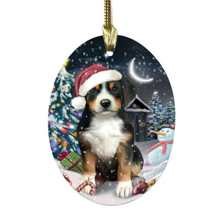 Have a Holly Jolly Christmas Happy Holidays Greater Swiss Mountain Dog Oval Glass Christmas Ornament OGOR48288