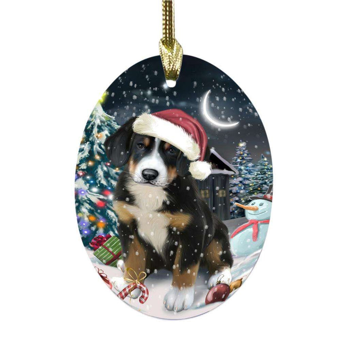 Have a Holly Jolly Christmas Happy Holidays Greater Swiss Mountain Dog Oval Glass Christmas Ornament OGOR48289