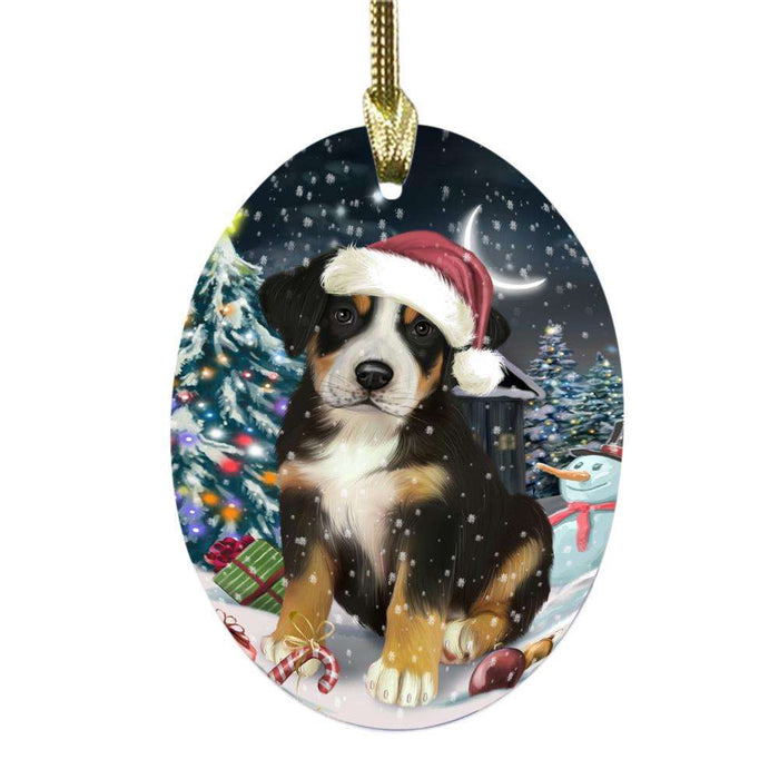 Have a Holly Jolly Christmas Happy Holidays Greater Swiss Mountain Dog Oval Glass Christmas Ornament OGOR48290