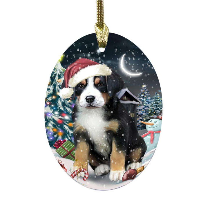 Have a Holly Jolly Christmas Happy Holidays Greater Swiss Mountain Dog Oval Glass Christmas Ornament OGOR48291