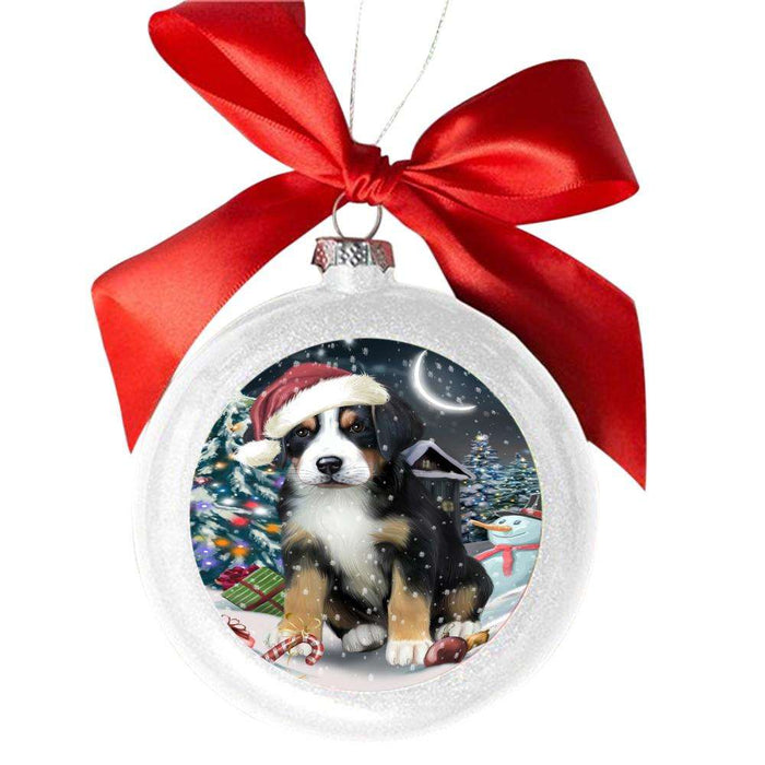 Have a Holly Jolly Christmas Happy Holidays Greater Swiss Mountain Dog White Round Ball Christmas Ornament WBSOR48291