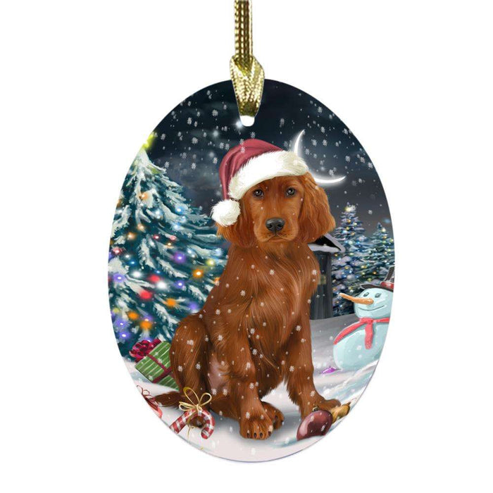 Have a Holly Jolly Christmas Happy Holidays Irish Red Setter Dog Oval Glass Christmas Ornament OGOR48292