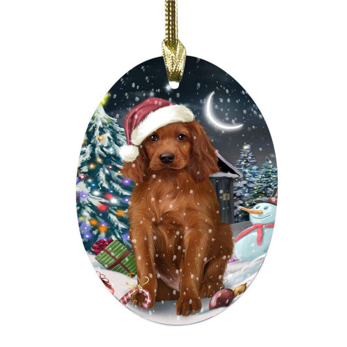 Have a Holly Jolly Christmas Happy Holidays Irish Red Setter Dog Oval Glass Christmas Ornament OGOR48293