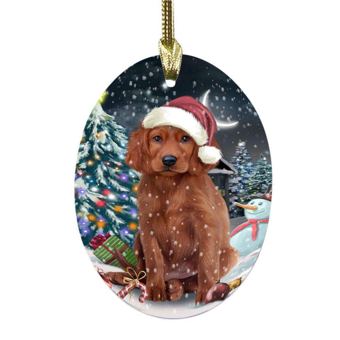 Have a Holly Jolly Christmas Happy Holidays Irish Red Setter Dog Oval Glass Christmas Ornament OGOR48294