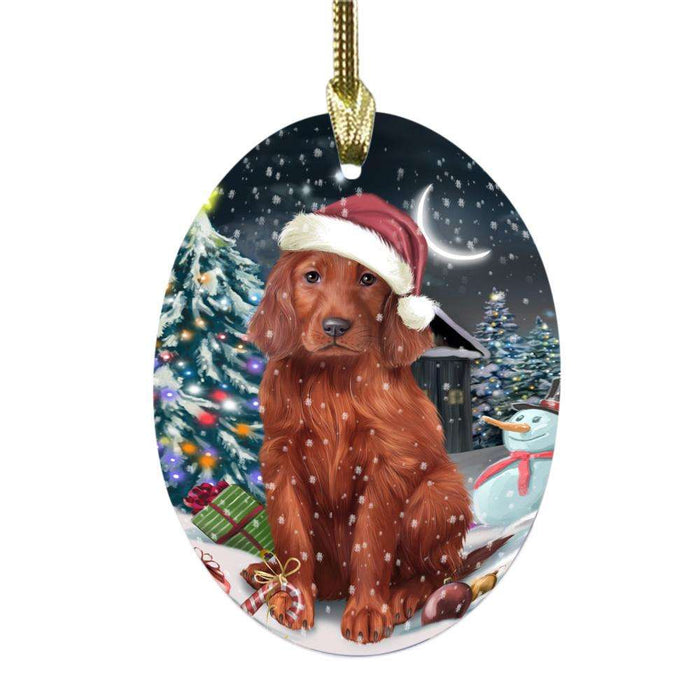 Have a Holly Jolly Christmas Happy Holidays Irish Red Setter Dog Oval Glass Christmas Ornament OGOR48295