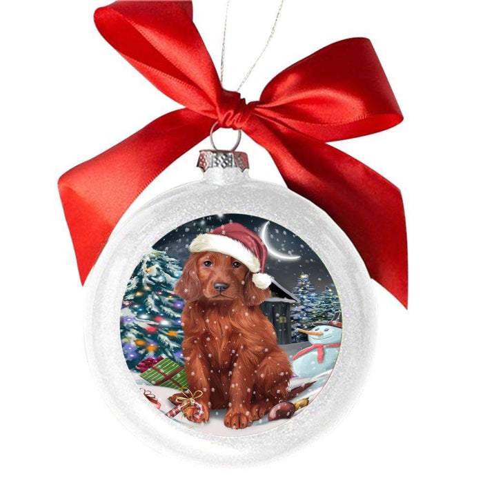 Have a Holly Jolly Christmas Happy Holidays Irish White Setter Dog White Round Ball Christmas Ornament WBSOR48295