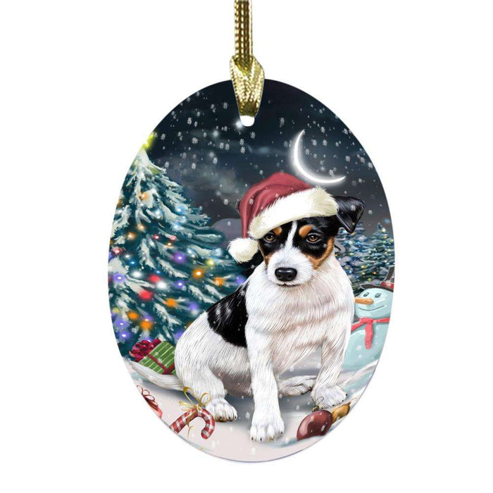 Have a Holly Jolly Christmas Happy Holidays Jack Russell Dog Oval Glass Christmas Ornament OGOR48296