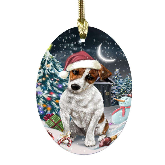 Have a Holly Jolly Christmas Happy Holidays Jack Russell Dog Oval Glass Christmas Ornament OGOR48297