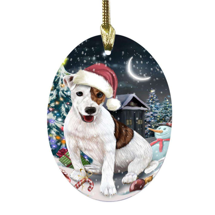 Have a Holly Jolly Christmas Happy Holidays Jack Russell Dog Oval Glass Christmas Ornament OGOR48298