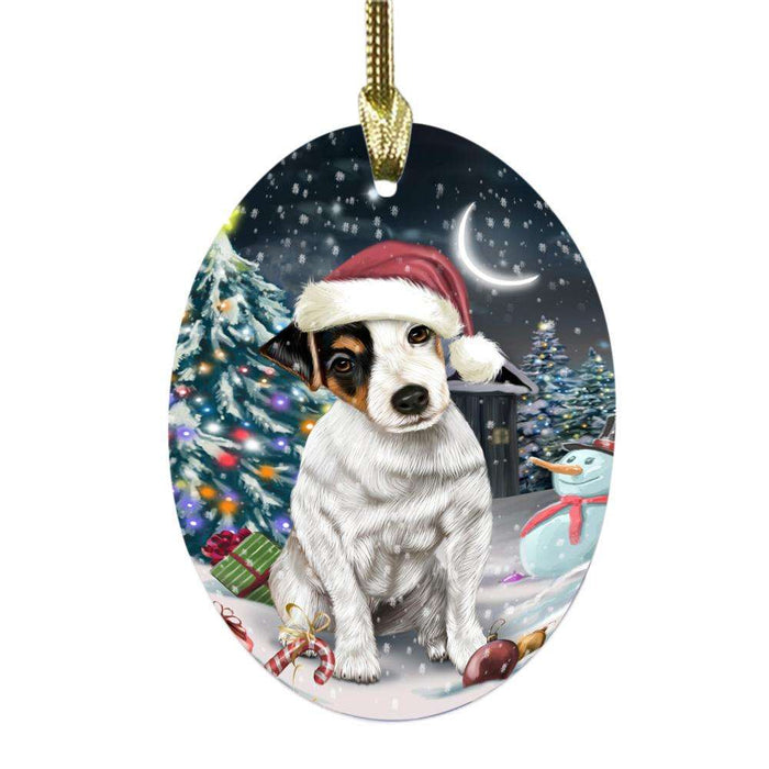 Have a Holly Jolly Christmas Happy Holidays Jack Russell Dog Oval Glass Christmas Ornament OGOR48299