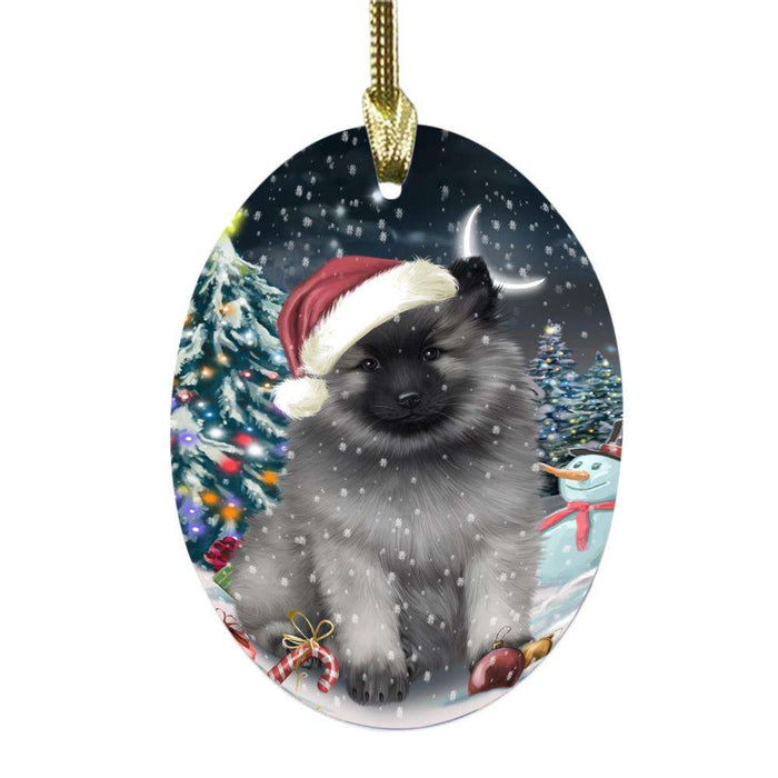 Have a Holly Jolly Christmas Happy Holidays Keeshond Dog Oval Glass Christmas Ornament OGOR48300