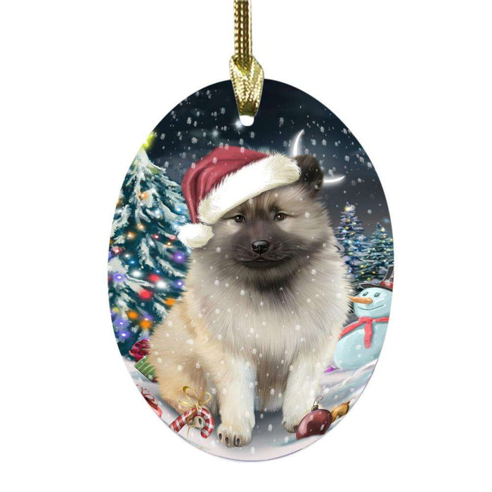 Have a Holly Jolly Christmas Happy Holidays Keeshond Dog Oval Glass Christmas Ornament OGOR48301
