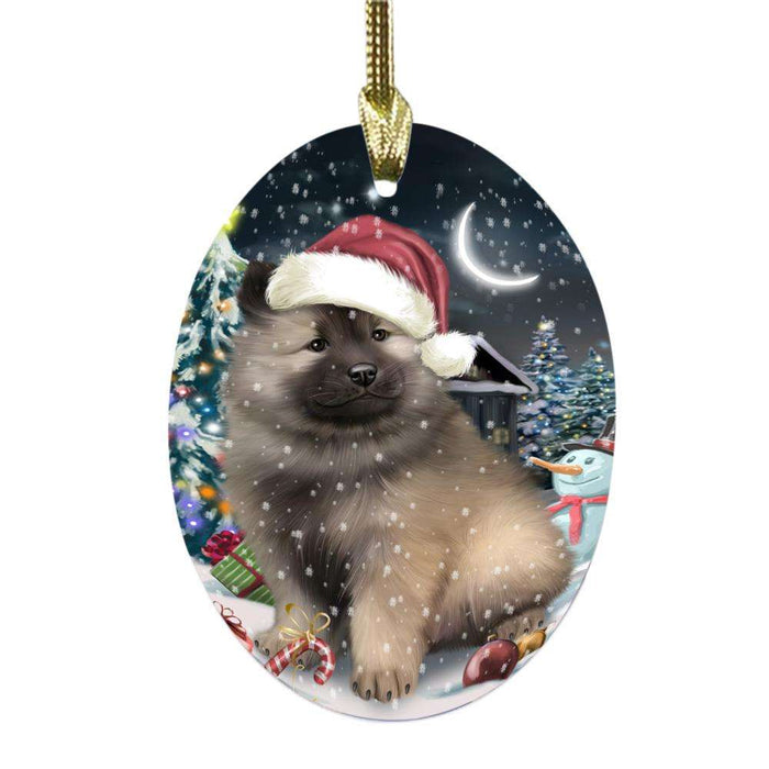 Have a Holly Jolly Christmas Happy Holidays Keeshond Dog Oval Glass Christmas Ornament OGOR48302