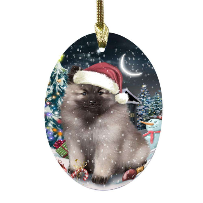 Have a Holly Jolly Christmas Happy Holidays Keeshond Dog Oval Glass Christmas Ornament OGOR48303