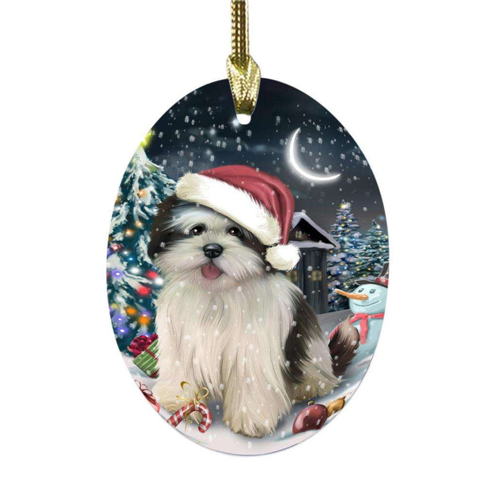 Have a Holly Jolly Christmas Happy Holidays Lhasa Apso Dog Oval Glass Christmas Ornament OGOR48168