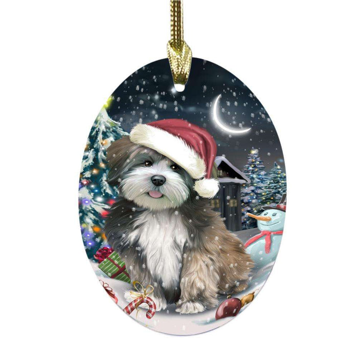 Have a Holly Jolly Christmas Happy Holidays Lhasa Apso Dog Oval Glass Christmas Ornament OGOR48169