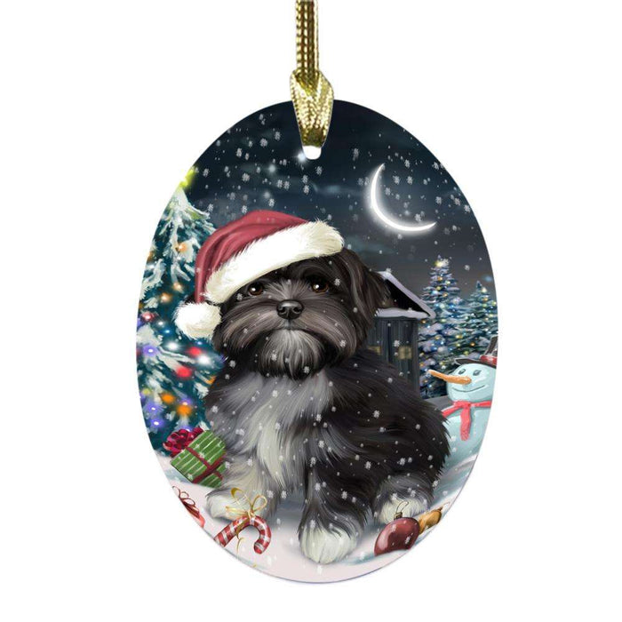 Have a Holly Jolly Christmas Happy Holidays Lhasa Apso Dog Oval Glass Christmas Ornament OGOR48170