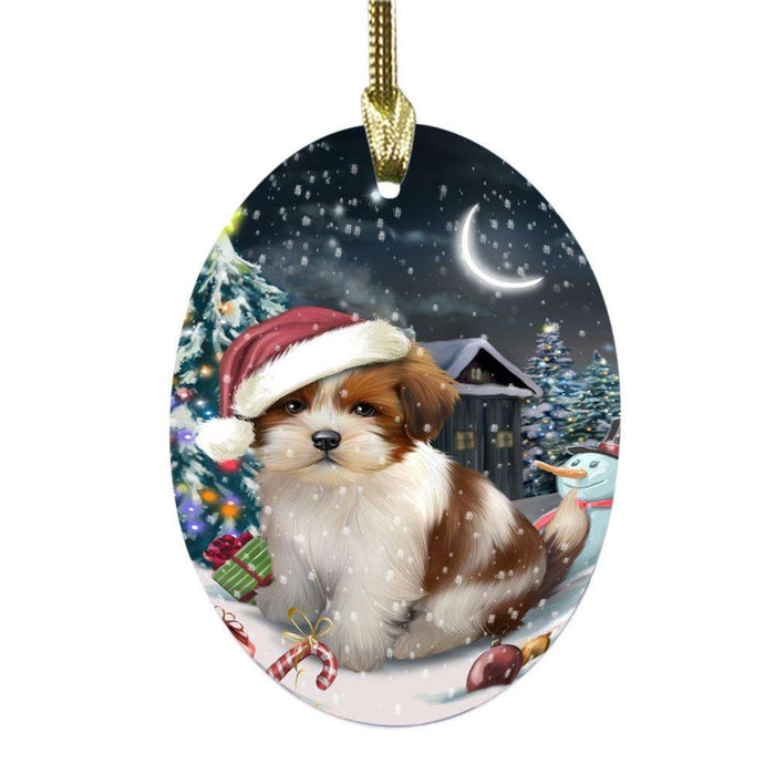Have a Holly Jolly Christmas Happy Holidays Lhasa Apso Dog Oval Glass Christmas Ornament OGOR48171