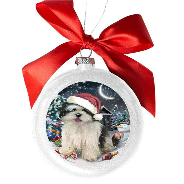 Have a Holly Jolly Christmas Happy Holidays Lhasa Apso Dog White Round Ball Christmas Ornament WBSOR48168