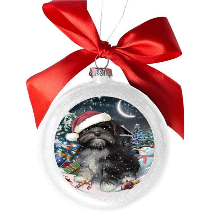 Have a Holly Jolly Christmas Happy Holidays Lhasa Apso Dog White Round Ball Christmas Ornament WBSOR48170