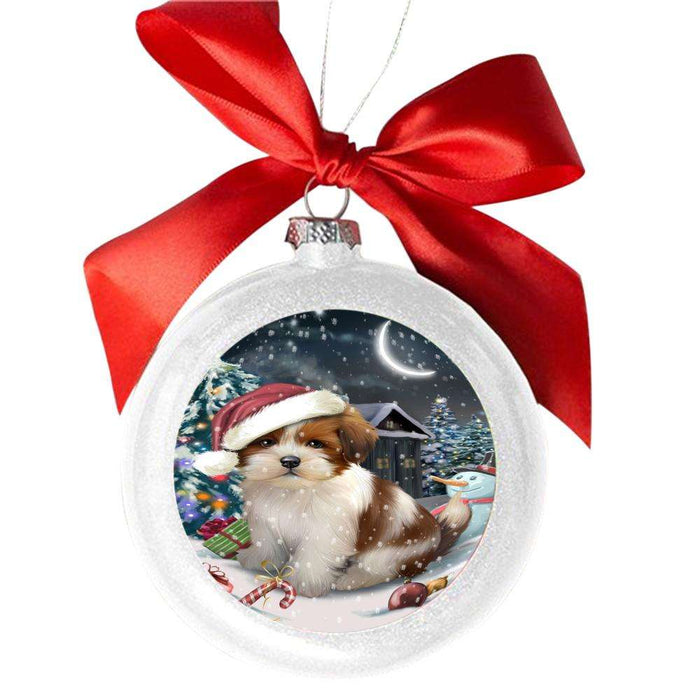 Have a Holly Jolly Christmas Happy Holidays Lhasa Apso Dog White Round Ball Christmas Ornament WBSOR48171