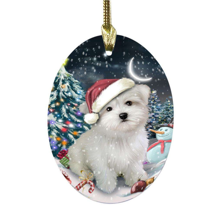 Have a Holly Jolly Christmas Happy Holidays Maltese Dog Oval Glass Christmas Ornament OGOR48172