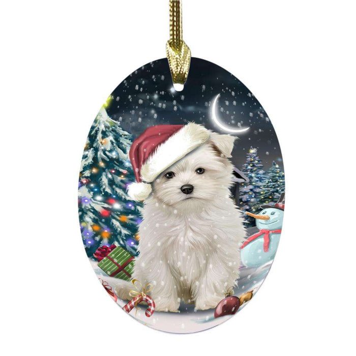 Have a Holly Jolly Christmas Happy Holidays Maltese Dog Oval Glass Christmas Ornament OGOR48173