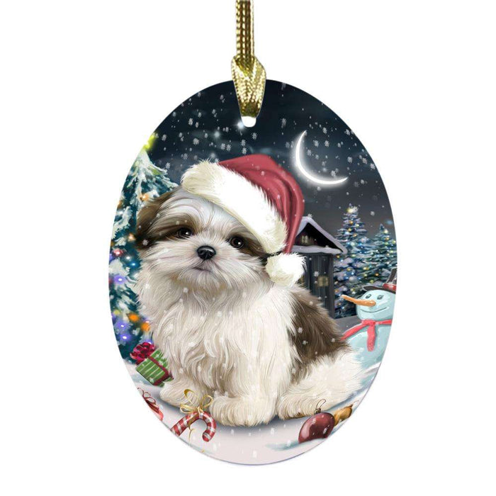 Have a Holly Jolly Christmas Happy Holidays Malti Tzu Dog Oval Glass Christmas Ornament OGOR48309